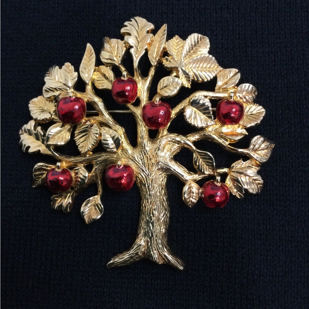 Swarovski Vintage Retired Apple Tree Brooch, w/ Red Enamel Apples 🍎
